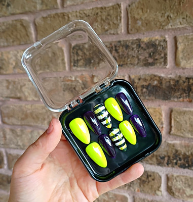 Long Coffin Press-On Nails Striped Pre-Designed Full Cover Glossy Neon