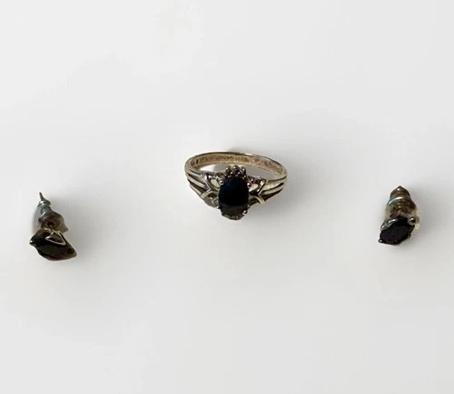Vintage Sterling Silver Oval Midnight Blue Sapphire Earrings & Ring Set 7 NV 925