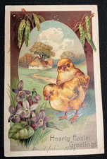 Antique Postcard Happy Easter Greetings Chicks Flowers Trees House 1909 NJ