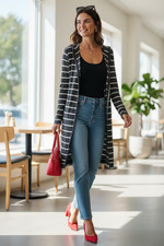 Charcoal and White Striped Cardigan with Hood. Very Lifhtweight and Versatile