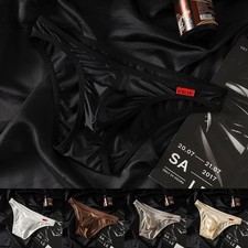 Men Ice Silk Stretch Brief Breathable Satinlike Low Waist Underwear with Pouch