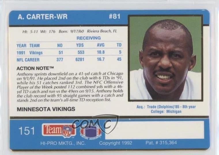 1992 Action Packed Anthony Carter #151 - Image 2 of 2