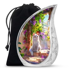 Flowers White Cat Unique Large Urn For Ashes Adult Father  Mother 10 Inch 