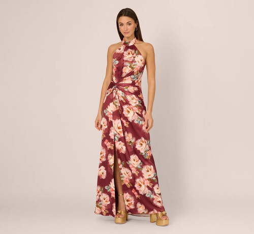 Adrianna Papell Brown Multi Satin Floral Sleeveless Halter Gown Size 4 $245