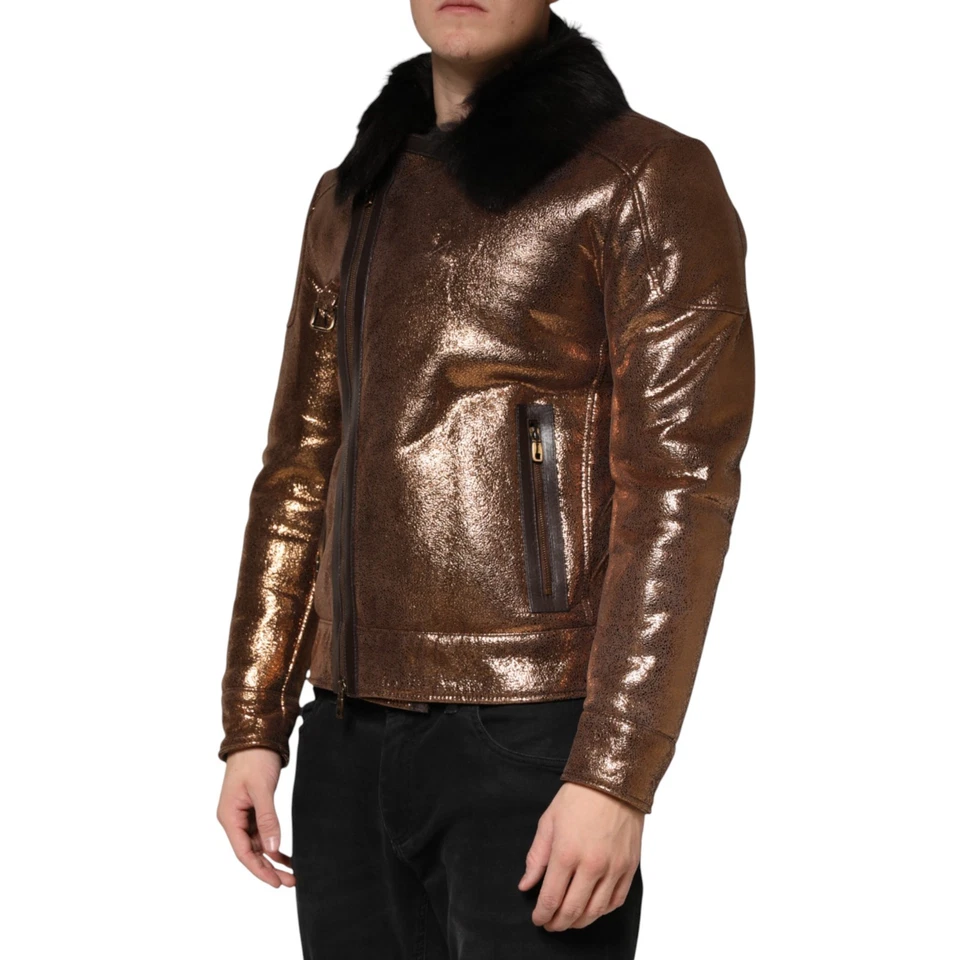 DOLCE & GABBANA Jacket Bronze Leather Fur Full Zip Men Biker IT46/US36/S 2630usd - Image 2 of 4