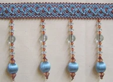 Beaded Tassel Fringe Trim Aqua Blue and Light Chocolate 4.5" wide 1 Y 10" length