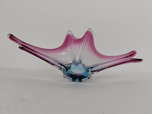 Gorgeous Bowl Dish Centerpiece Blue Cranberry Art Glass Murano Italy Vintage - Picture 8 of 11