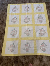 Vintage patchwork yellow fan flower retro handmade quilt 62" X 78"