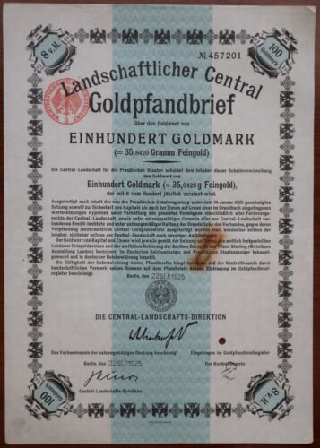 100 Goldmark 1925 - BERLIN / Germany Loan Bond - Series: 457201 - "Y59" - Foto 1 di 4