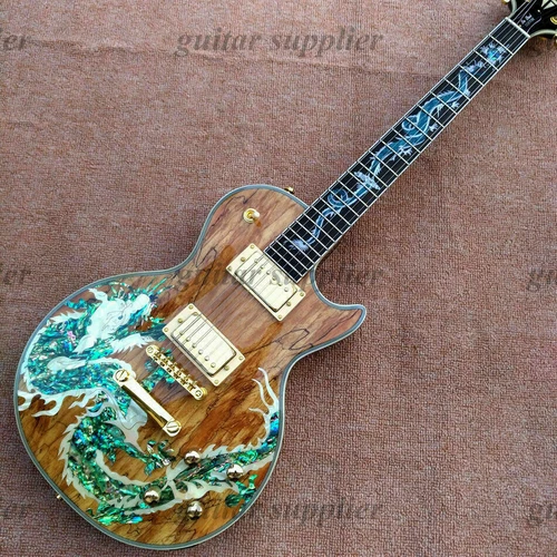 Custom LP Electric Guitar Brown Abalon Dragon Inlay  Gold Hardware H-H Pickups