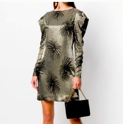 VICTORIA BECKHAM Pouf Sleeve Fireworks Gold Metallic Jacquard Shift Dress  US 6 | eBay