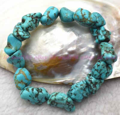 Natural Nugget Blue Turquoise Irregular Gemstone Beads Stretch Bracelet 7.5''AAA