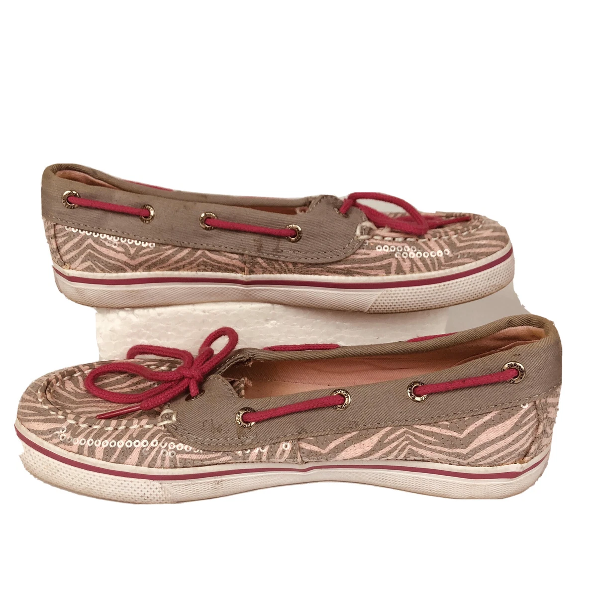 Sperry Biscayne Top Sider Youth 4M Boat Shoes Pink Grey Sequin Animal Print