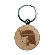 Egyptian Head Engraved Wood Round Keychain Tag Charm