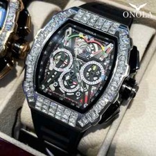 Men Watch Iced Bling Rapper Baguette Stone Silicone Band Luxury Hip Hop Fashion