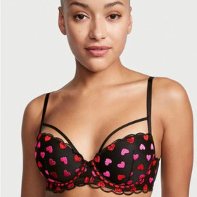 Victoria's Secret Dream Angels Push Up bra set embroidery black heart 5X14 panty