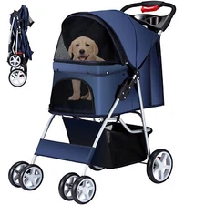 Pet Stroller 4 Wheels Dog Cat Stroller for Medium Small Dogs Cats, Folding Ca...