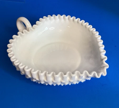 VTG 8” Fenton White Milk Glass Hobnail Heart Shaped Candy Dish w/ Handle