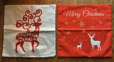 Lot of 2 Reindeer Deer Merry Christmas Red  White Pillow Case Cover FREE SHIP