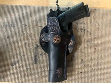 Handmade LEFT HAND long Holster 2 mag pouches 1911 Custom Carving