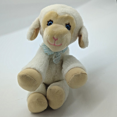 Fluffy Lamb Plush 10  Stuffed Animal Blue Eyes Bow Country Yumkin 1984 Trudy