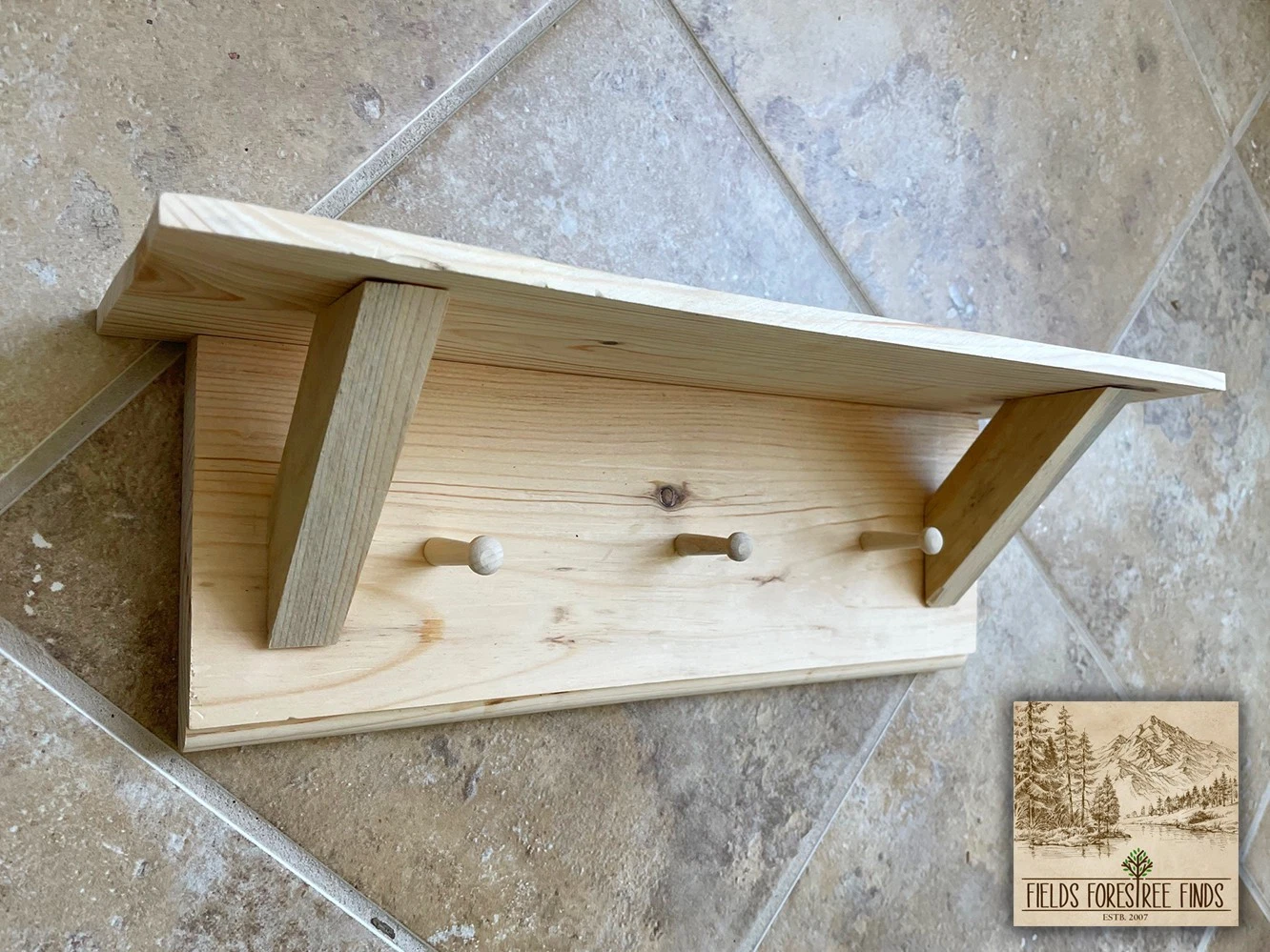 Vintage Style Unfinished Hand Crafted 16" Farmhouse Pine Wood Shelf 3 Key Pegs