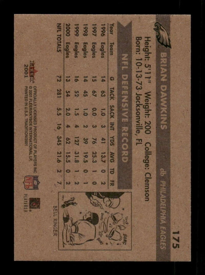 2001 Fleer Tradition Eagles 175 Brian Dawkins BXCP43 - Image 2 of 2