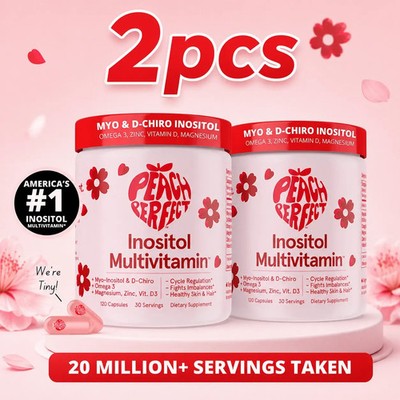 2 BOTTLES-Peach Perfect Inositol Multivitamin Myo&D-Chiro 40:1 Blend with Omega3