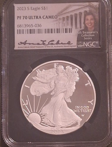 2023 S PROOF SILVER EAGLE NGC PF70 ULTRA CAMEO ANNA CABRAL SIGNED FLAG LABEL!