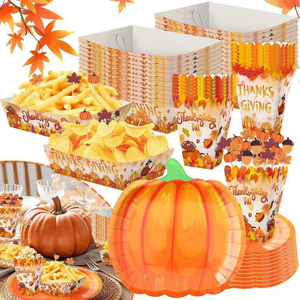 Thanksgiving Party Tableware Set 134-Pcs Paper Plates，Popcorn Boxes Food Trays - Image 2 of 4