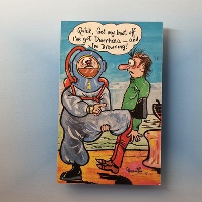 Comic Postkarte um 1980 Tiefsee Tauchanzug Ertrinken Durchfall