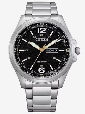 $295 Citizen  Eco-Drive Black Dial Day Date Silver Steel Men's Watch AW0110-58E
