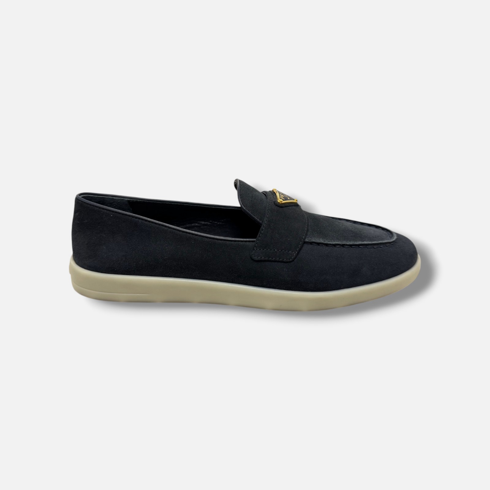 Prada Women's Blue Suede Leather Slip-On Logo Loafers Shoes Size EU:37 US:7