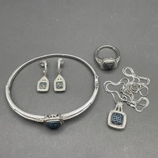BR Sun Silver Tone Jewlery Set Ring, Bracelet, Earrings Necklace Marcasite
