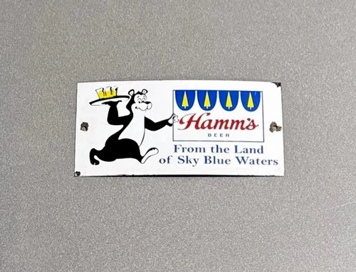 VINTAGE HAMMS BEER BEAR ALCOHOL PORCELAIN SIGN CAR GAS TRUCK MOTORCYCLE