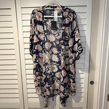 Emory Park Landy Crochet Trim Open Front Woven Kimono XL NWT - Navy Floral