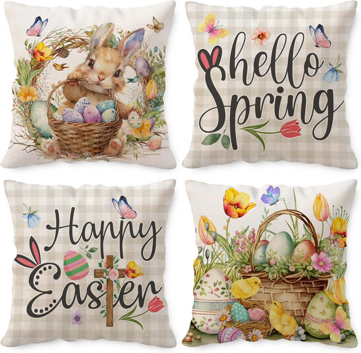 Set of 4 Easter Bunny and Egg 18x18 Pillow Covers for Festive Decor