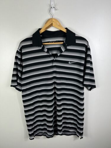 Nike Golf Black White Striped Cotton Polo Shirt Size Large L Golf Polo Sports - Afbeelding 1 van 11