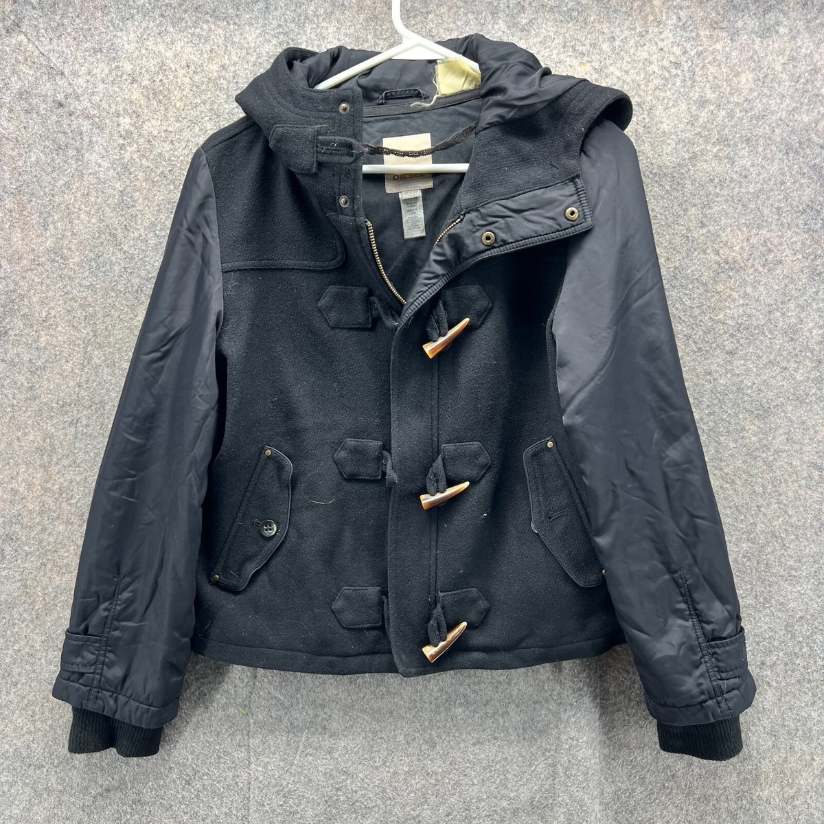 Diesel Jacket Women XS Black Full Zip Hoodie Wool Toggle Fireman