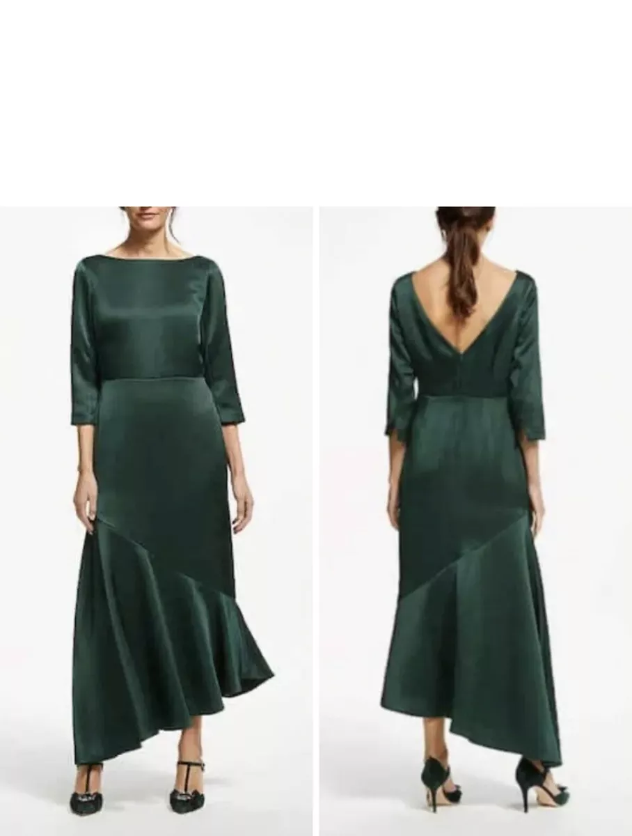 BODEN REBECCA SATIN MIDI DRESS GREEN ASYMMETRICAL HEMLINE SIZE US 6 evening