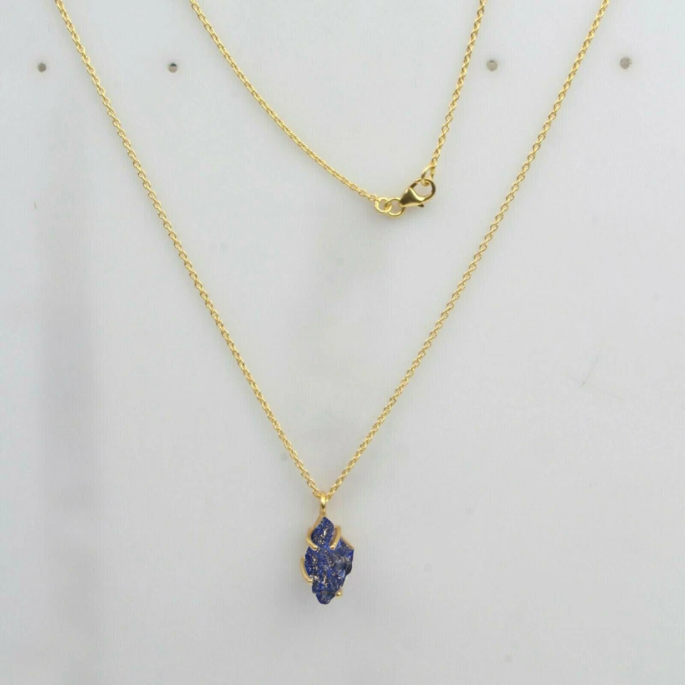 Collar curativo plata 925 colgante chapado en oro 18k lapislázuli crudo joyería Foto 2 de 4