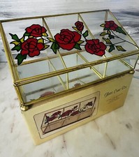 Brass Stained Glass MIRRORED 3 compartment Jewelry Curio Trinket Box Hinged Lid