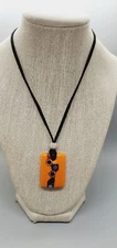 Handmade Beautiful 1"x1.5" Fused glass Orange Murano style Pendant Leather Cord