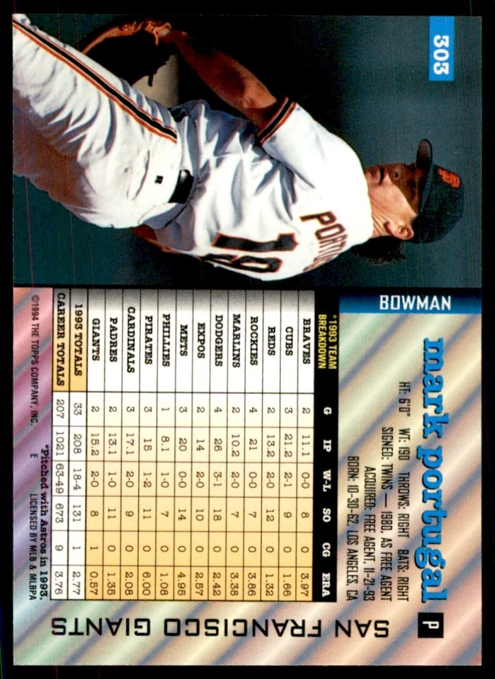 1994 BOWMAN MARK PORTUGAL SAN FRANCISCO GIANTS #303 - Image 2 of 2