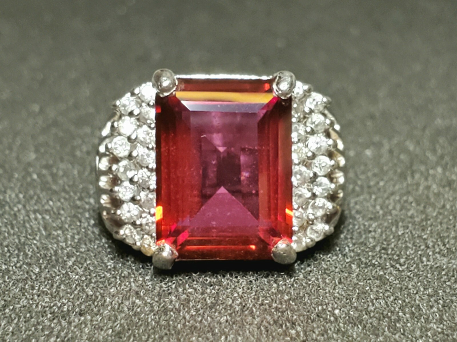 STERLING SILVER Large Emerald Cut Created Ruby, W… - image 1
