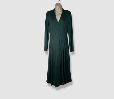 $4490 Akris Women's Green Cashmere V-Neck Long Sleeve A-Line Dress Size 6