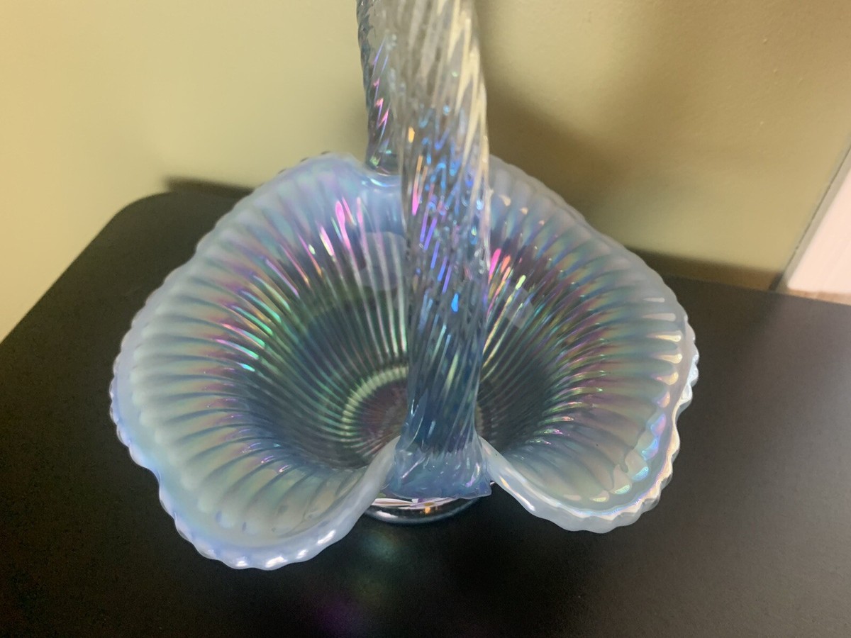 Fenton Blue Opalescent Ruffled Glass Basket Signed Painted Flowers