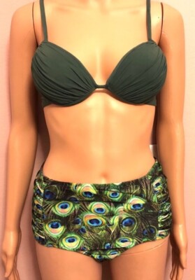 Aquamare Peacock Feathers High Waist Bottom Green Molded Cups Top Bikini Sz L