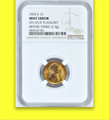 1955-S NGC MS60 Struck on SPLIT PLANCHET Lowest Mintage Lincoln Cent 1940-On █1C