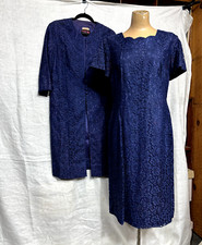 Vintage Women's 1960s 2 Piece Set Navy Blue Lace Dress and Evening Jacket